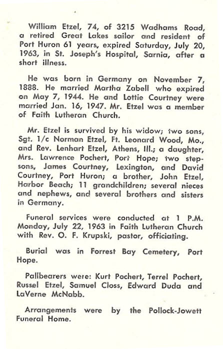 William Etzel (1888 - 1963) Obituary