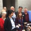 (Left to right) Jeremy Zegas, project director for Why Marriage Matters Arizona; Carmina Ocampo of Lambda League; and Heather Macre of Aiken Schenk (another law firm assisting with the Arizona federal case. At the right are Joseph Connolly (red shirt), and Terry Pochert, (blue shirt).