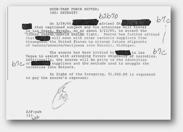 Hearns-Hagler fight-FBI file - NewsQuill FBI file entry about paying for Rick Wershe's trip to the Hearns-Hagler fight in Las Vegas in 1985.
