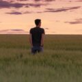 peacealone - NewsQuill Man standing in a bright wheat field at sunset, seen from behind.